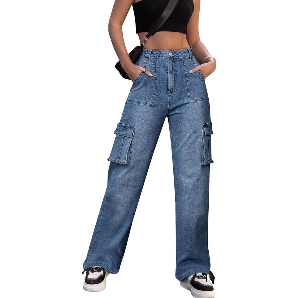 Women Cargo Pants Denim High Waisted Wide Leg Casual Trousers With 6 Pockets